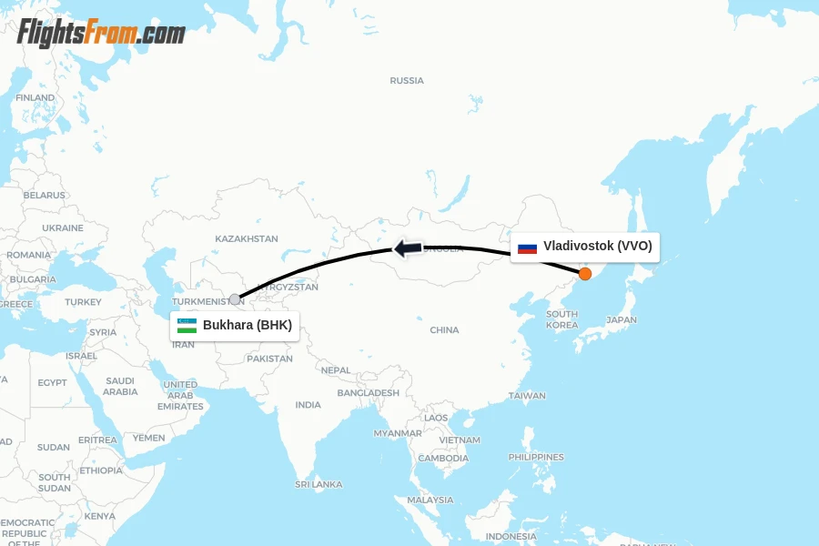 Flights from Vladivostok to Bukhara route map