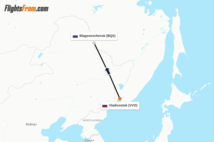 Flights from Vladivostok to Blagoveschensk route map