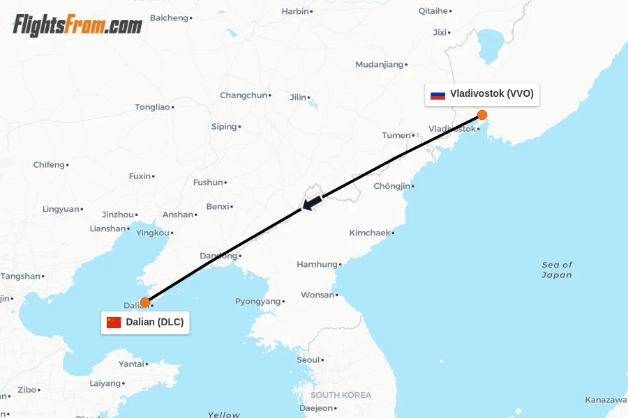 Flights from Vladivostok to Dalian route map