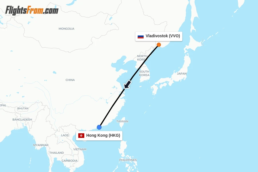 Flights from Vladivostok to Hong Kong route map