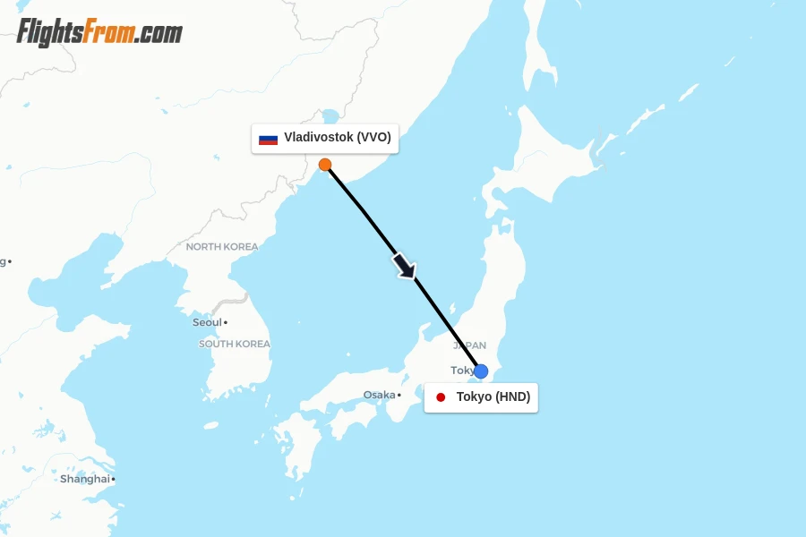 Flights from Vladivostok to Tokyo route map