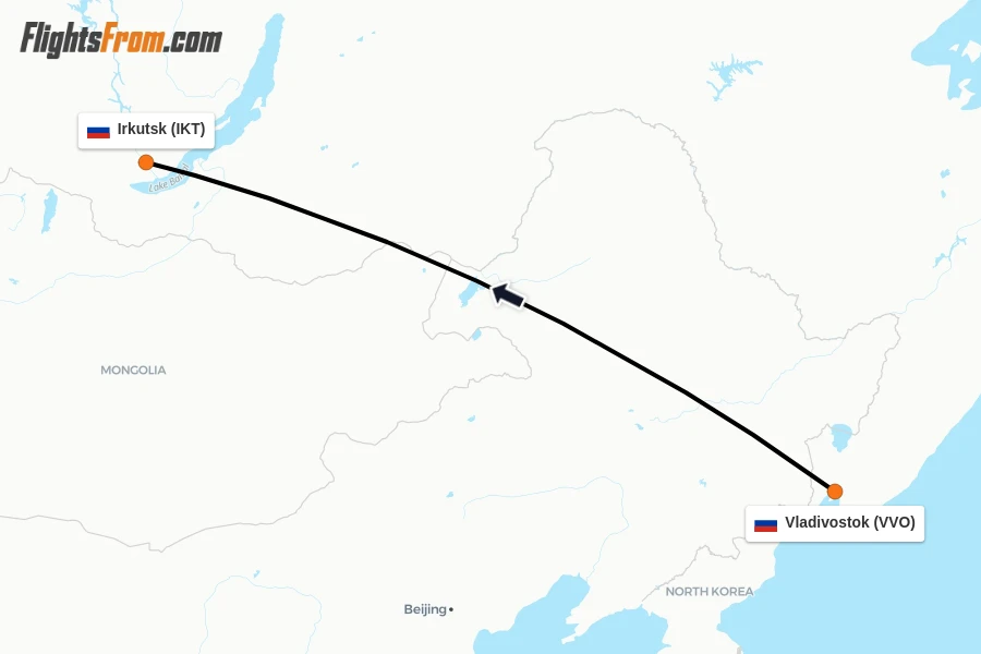 Flights from Vladivostok to Irkutsk route map