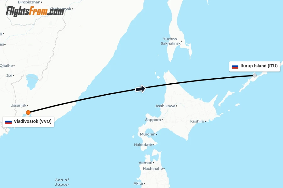 Flights from Vladivostok to Iturup Island route map