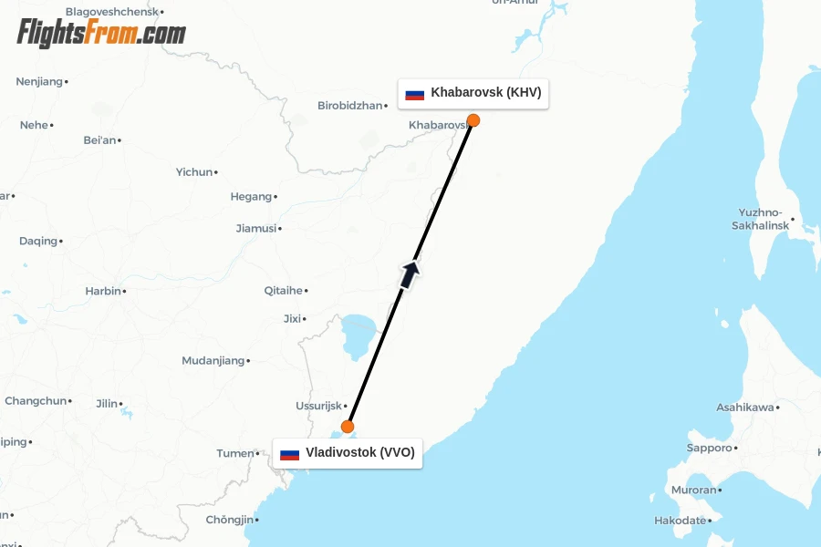 Flights from Vladivostok to Khabarovsk route map