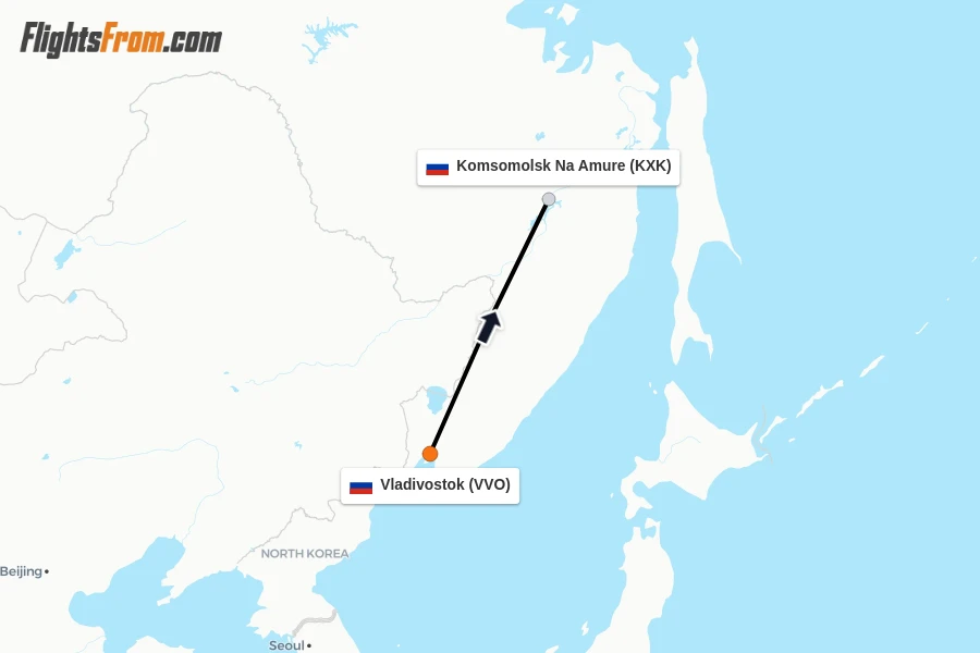 Flights from Vladivostok to Komsomolsk Na Amure route map