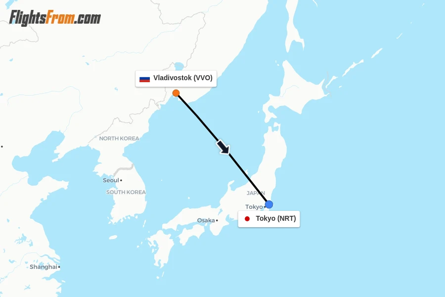 Flights from Vladivostok to Tokyo route map