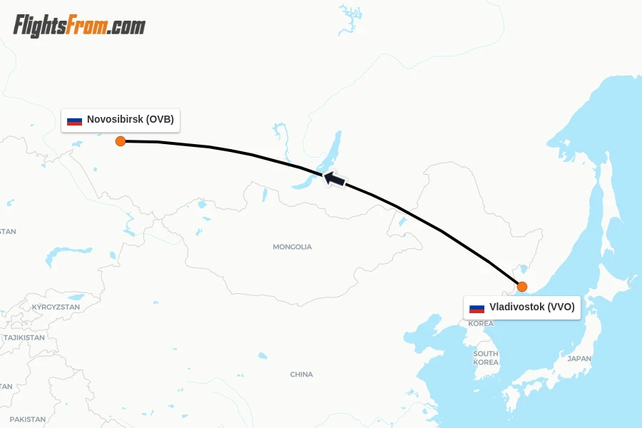 Flights from Vladivostok to Novosibirsk route map