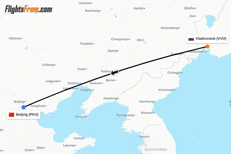 Flights from Vladivostok to Beijing route map