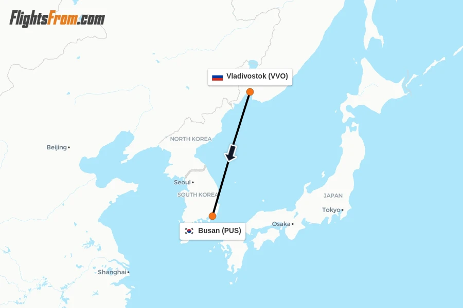 Flights from Vladivostok to Busan route map