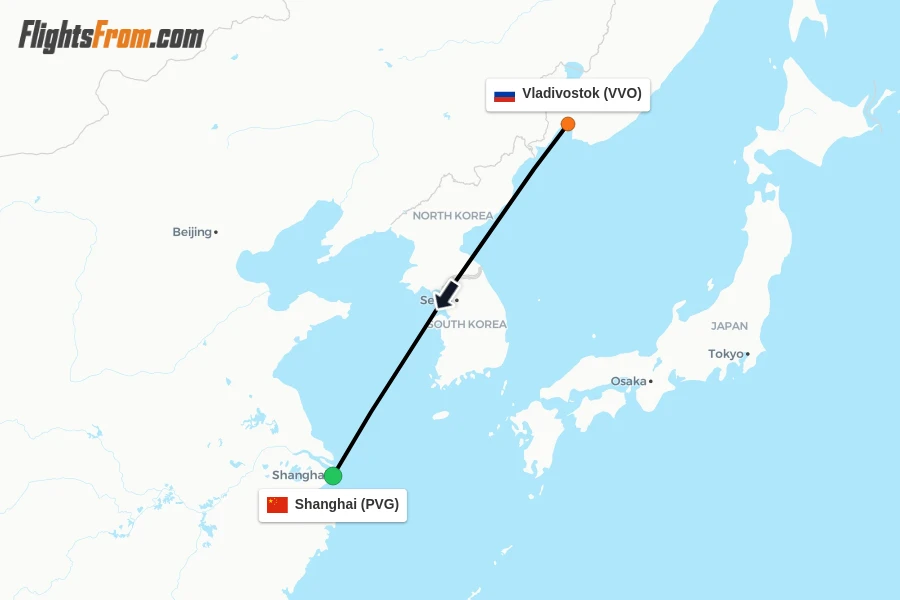 Flights from Vladivostok to Shanghai route map