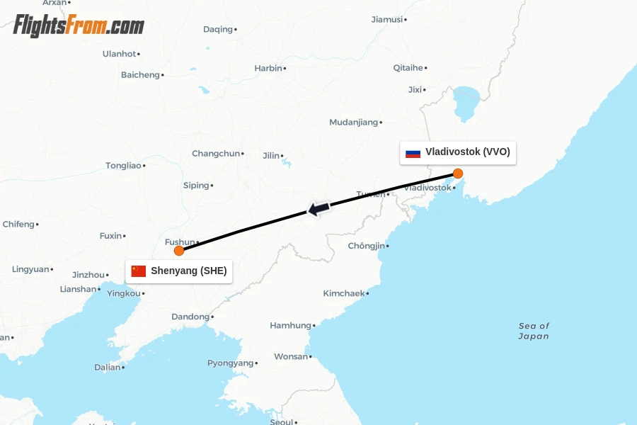 Flights from Vladivostok to Shenyang route map