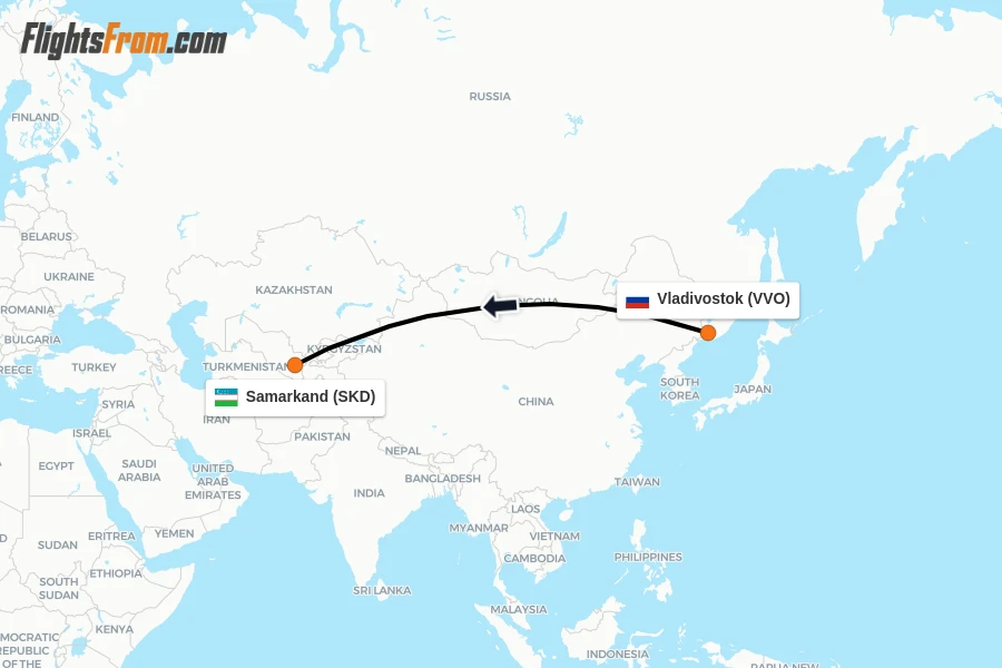 Flights from Vladivostok to Samarkand route map