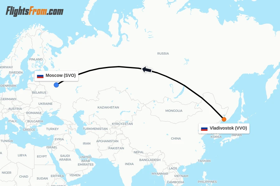 Flights from Vladivostok to Moscow route map