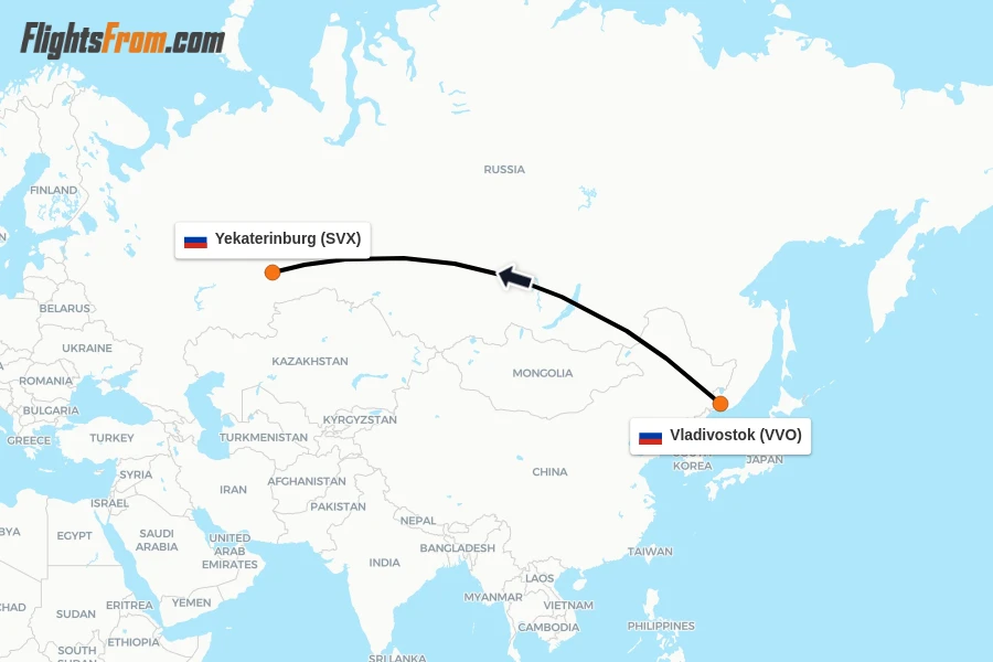 Flights from Vladivostok to Yekaterinburg route map