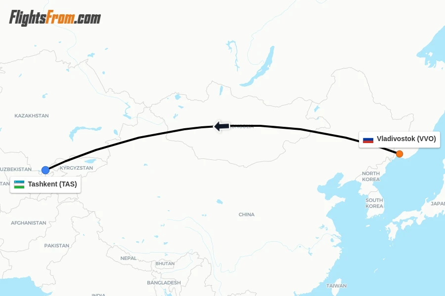 Flights from Vladivostok to Tashkent route map