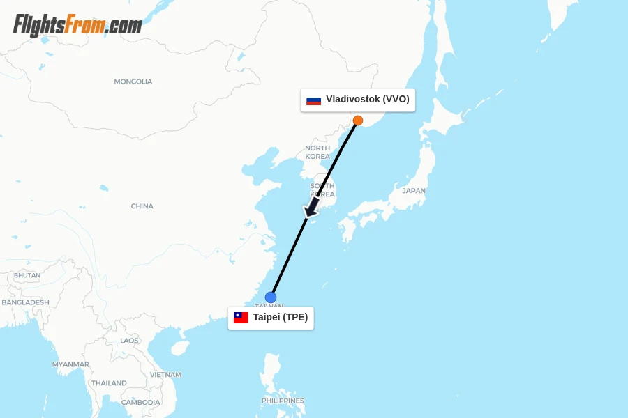 Flights from Vladivostok to Taipei route map
