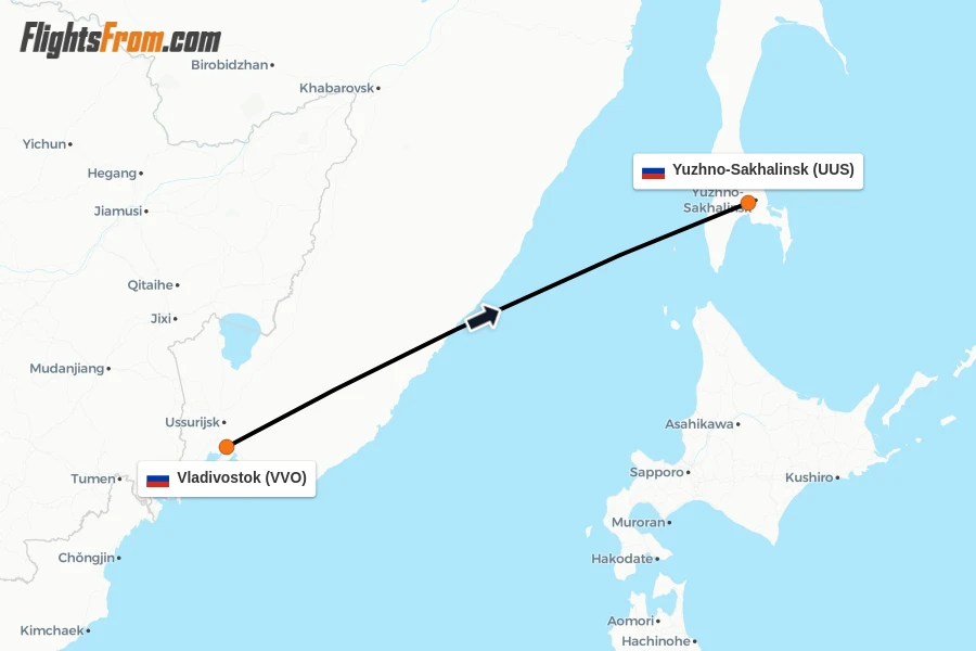 Flights from Vladivostok to Yuzhno-Sakhalinsk route map