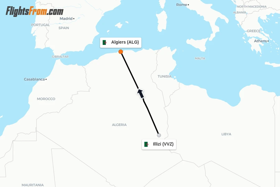 Flights from Illizi to Algiers route map