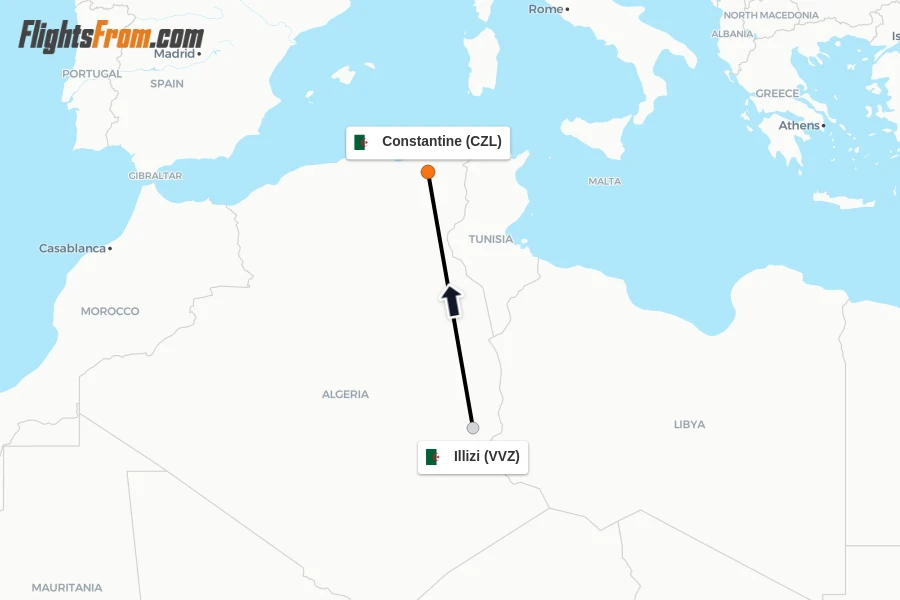 Flights from Illizi to Constantine route map