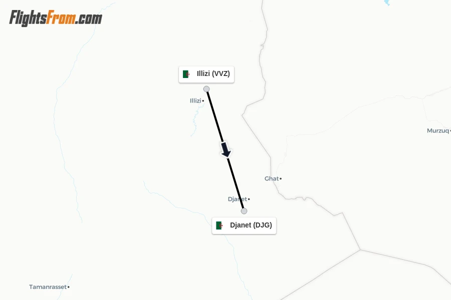Flights from Illizi to Djanet route map