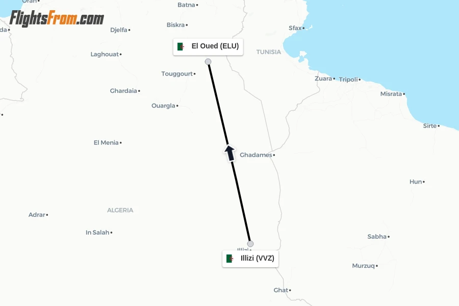 Flights from Illizi to El Oued route map