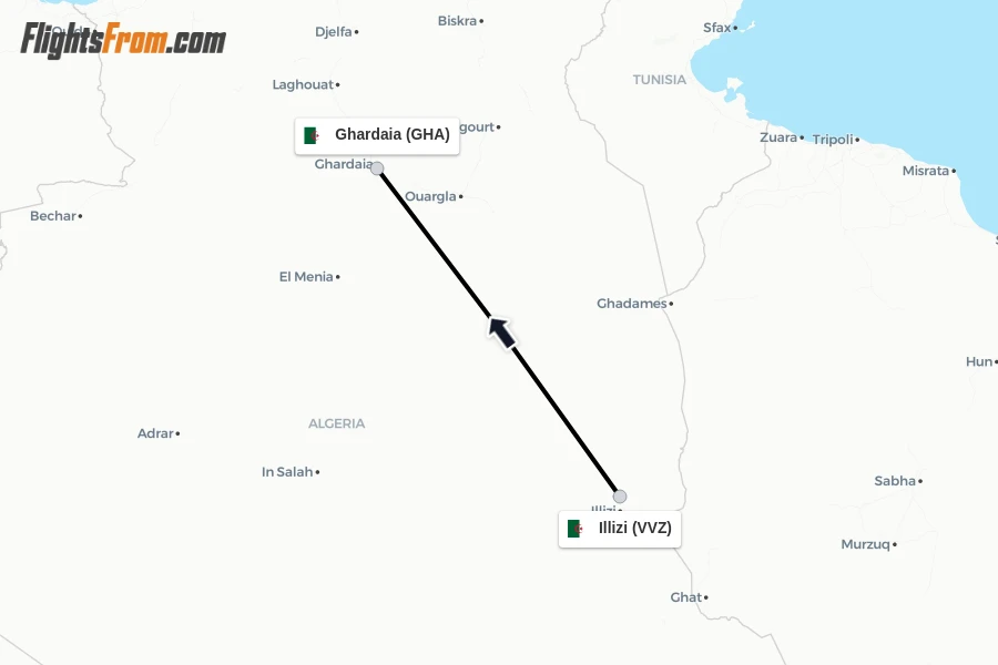 Flights from Illizi to Ghardaia route map