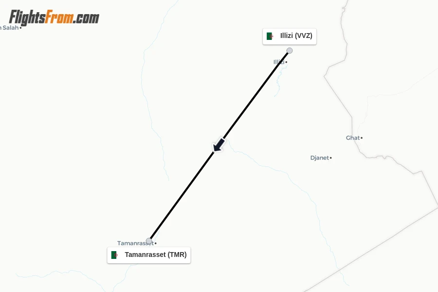 Flights from Illizi to Tamanrasset route map