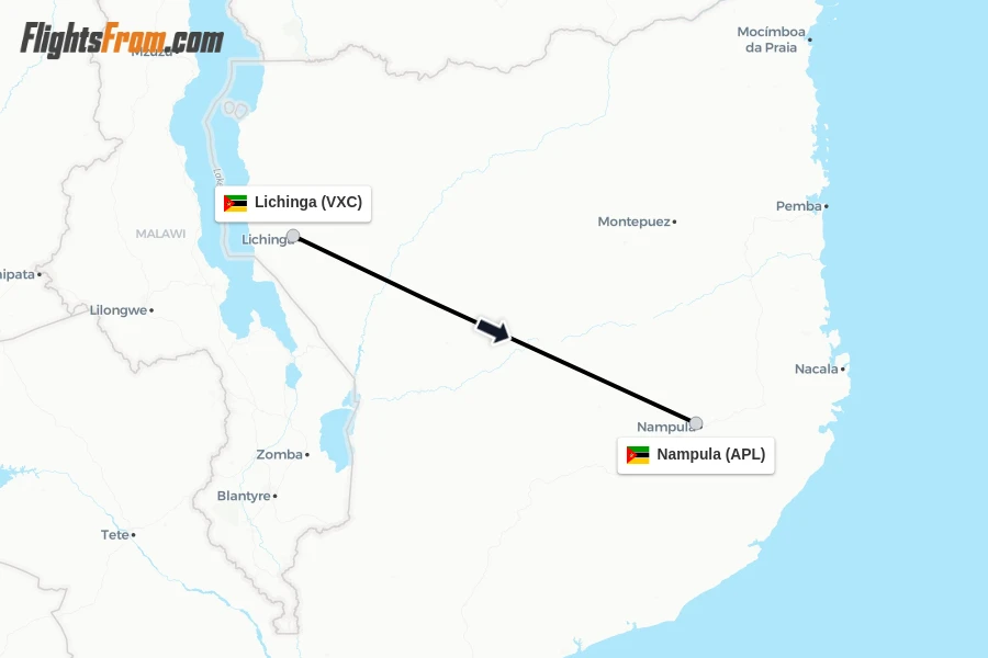 Flights from Lichinga to Nampula route map