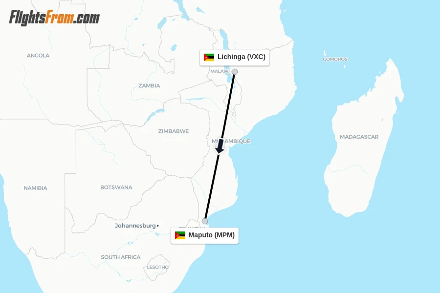 Flights from Lichinga to Maputo route map