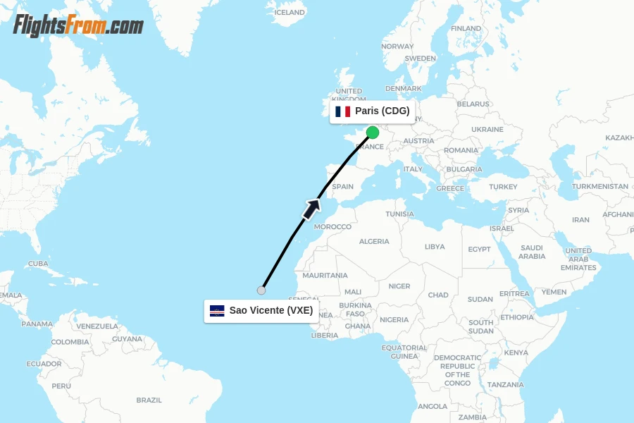Flights from Sao Vicente to Paris route map