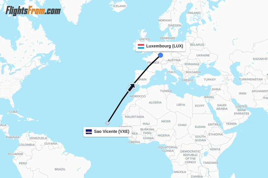 Flights from Sao Vicente to Luxembourg route map