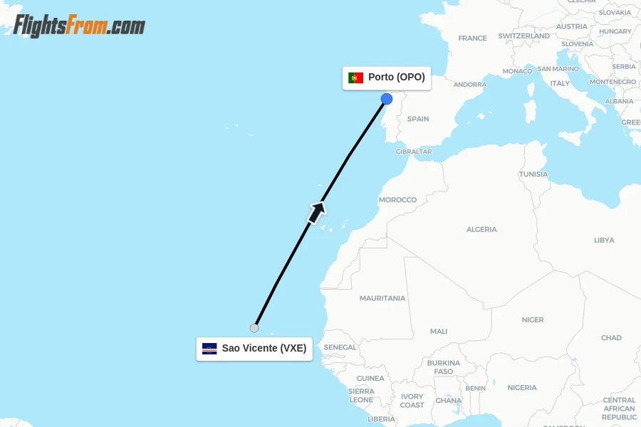 Flights from Sao Vicente to Porto route map