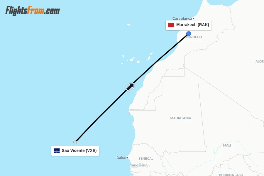 Flights from Sao Vicente to Marrakech route map