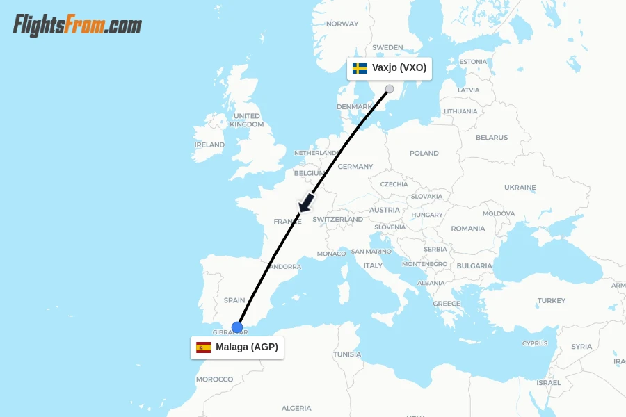 Flights from Vaxjo to Malaga route map