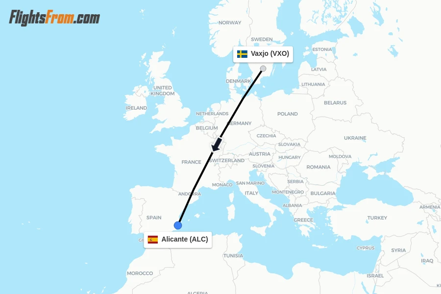 Flights from Vaxjo to Alicante route map