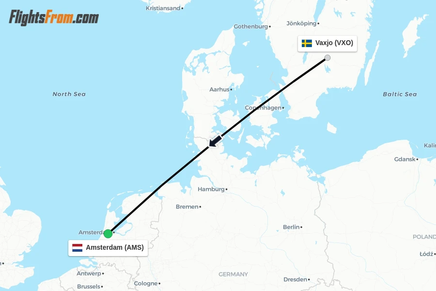Flights from Vaxjo to Amsterdam route map