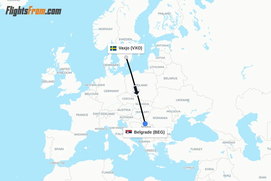 Flights from Vaxjo to Belgrade route map