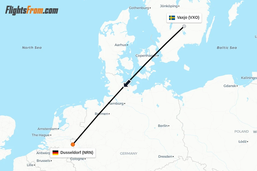 Flights from Vaxjo to Dusseldorf route map