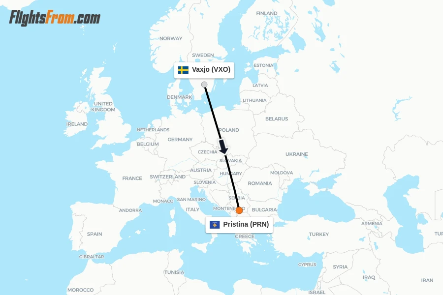 Flights from Vaxjo to Pristina route map