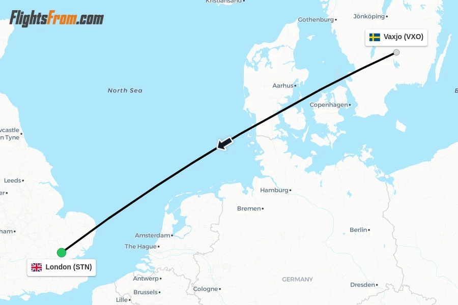 Flights from Vaxjo to London route map