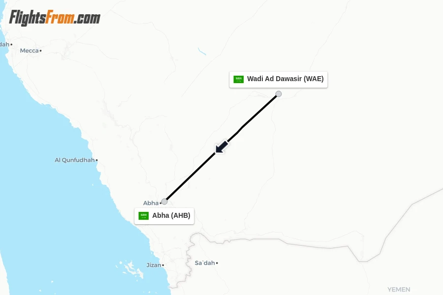 Flights from Wadi Ad Dawasir to Abha route map