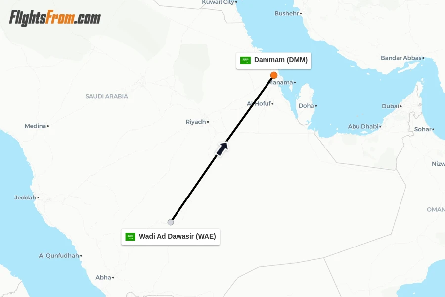 Flights from Wadi Ad Dawasir to Dammam route map
