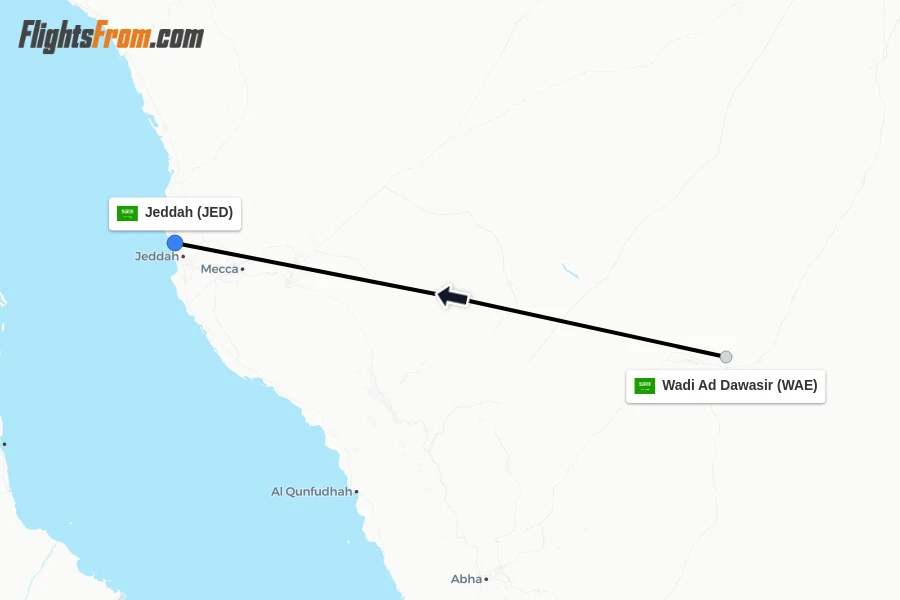 Flights from Wadi Ad Dawasir to Jeddah route map