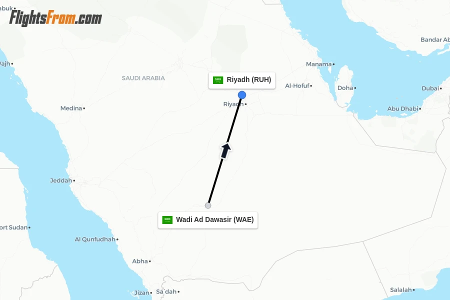 Flights from Wadi Ad Dawasir to Riyadh route map