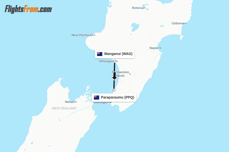 Flights from Wanganui to Paraparaumu route map