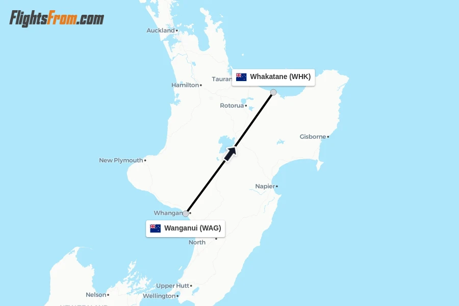 Flights from Wanganui to Whakatane route map