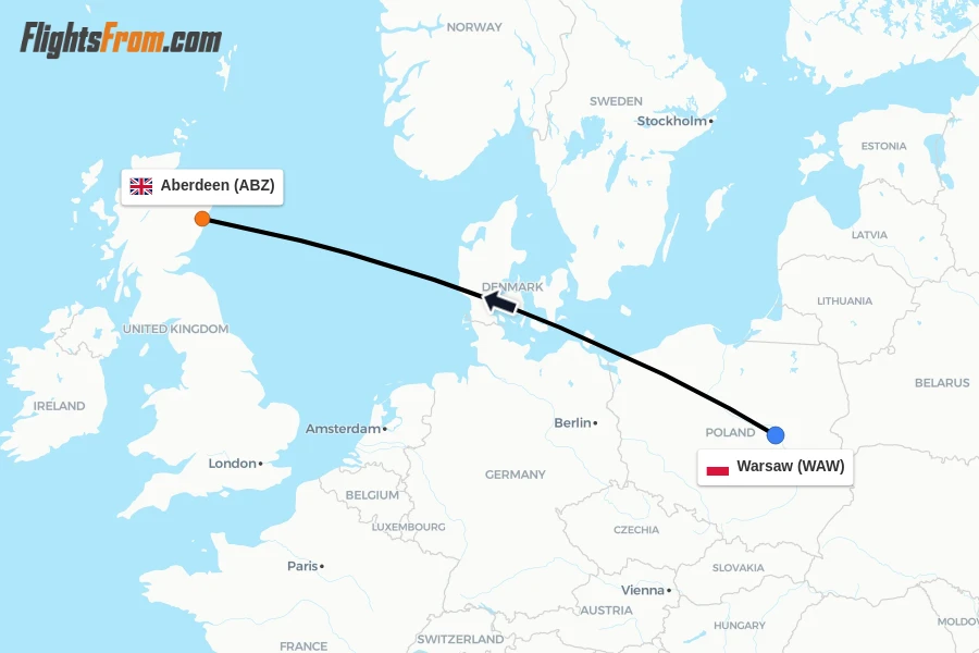 Flights from Warsaw to Aberdeen route map
