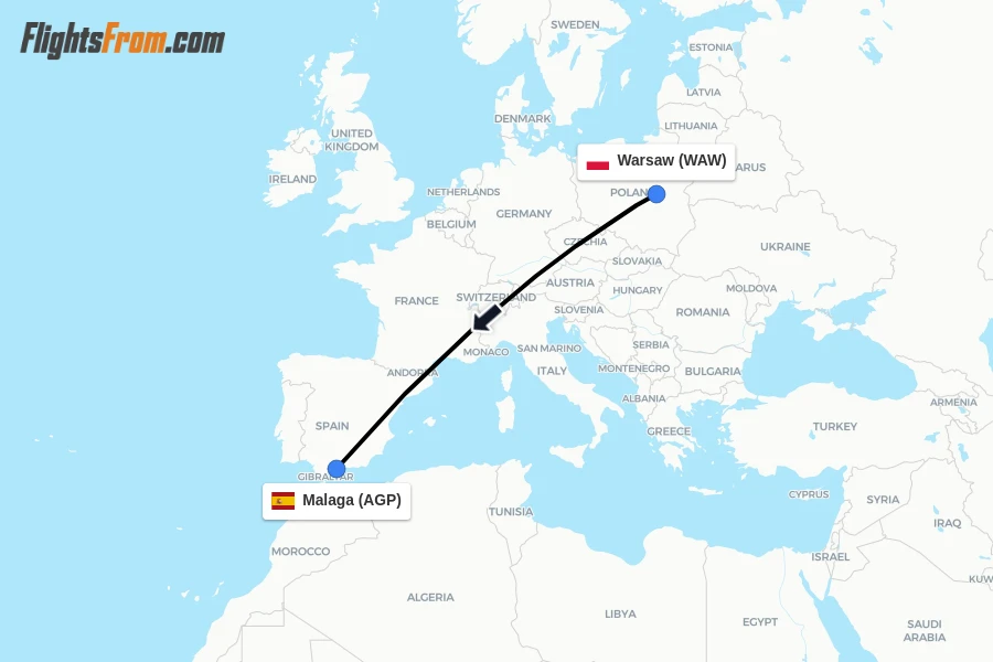 Flights from Warsaw to Malaga route map