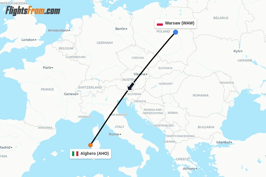 Flights from Warsaw to Alghero route map