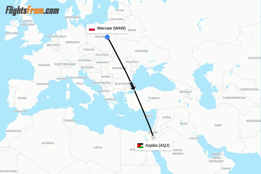 Flights from Warsaw to Aqaba route map